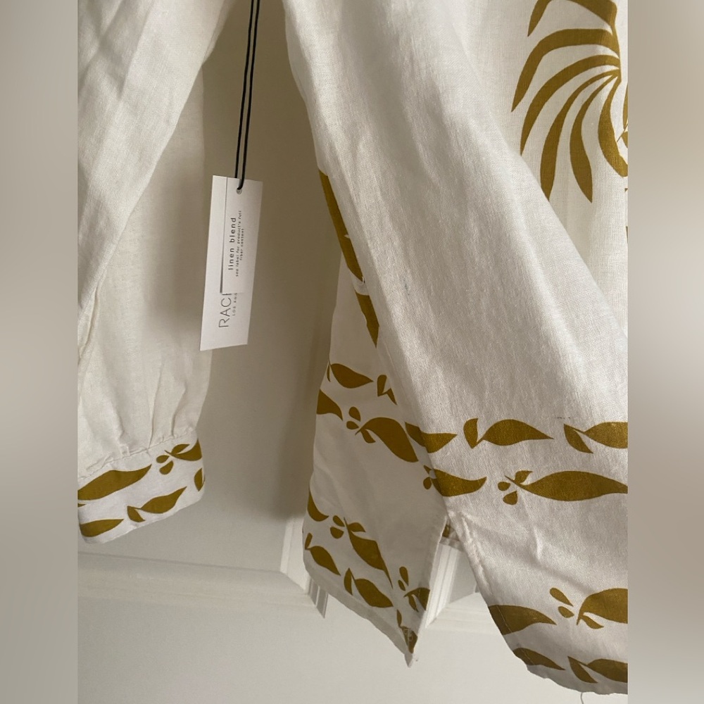 Rachel Zoe White Button-Up Shirt Gold Palm Leaf Print Size S NWT Linen Blend - Picture 7 of 12